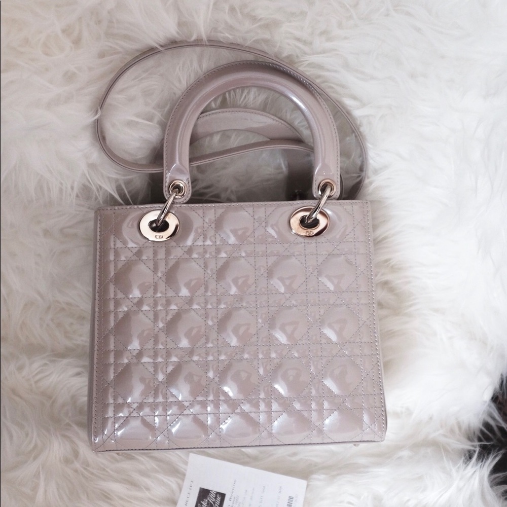 Dior Patent Quilted Satchel in Light Taupe